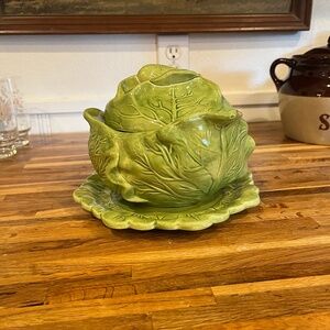 Vintage Holland Mold Green Cabbage Dish With Lid & Underplate